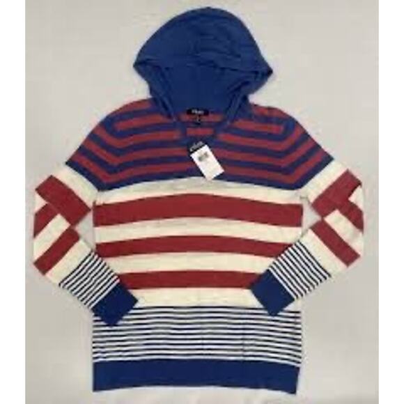 Chaps Sweaters - Chaps Denim Knit Lightweight Striped Hoodie Blue Red Ivory V-Neck Nautical Sz L
